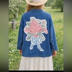 Floral Appliqué Denim Blazer Jacket Vintage